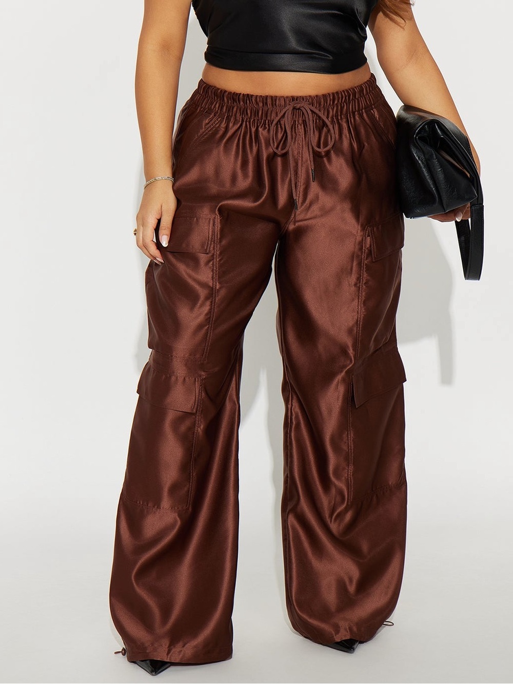 Fashion Nova Gemma Cargo Satin Jogger Pant - Chocolate